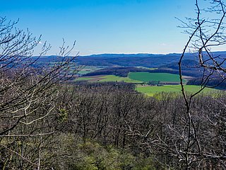 Blick vom Vulkan Scheidskopf auf die Eifelvulkane in der Ferne